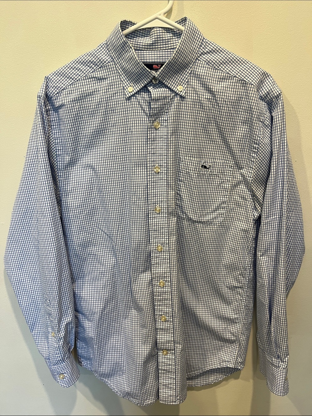 Vineyard Vines Men’s Blue and White Gingham Button-Down Shirt, Small